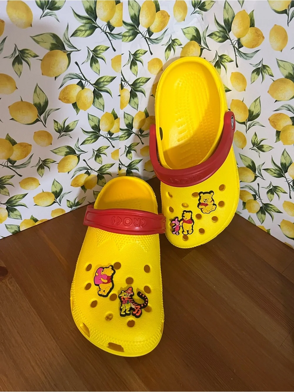 Kids Yellow Foam Clogs with Red Strap featuring Winnie the Pooh Characters